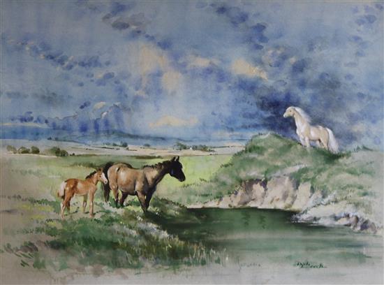 Dick Leech, watercolour, Horses in a landscape, signed, 47 x 62cm, unframed